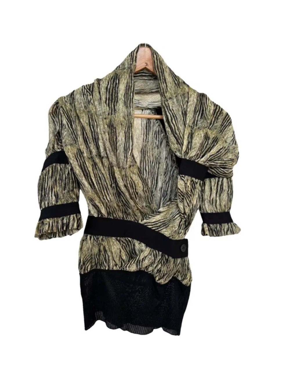 Balenciaga Olive Green and Black Draped Blouse-Size 40